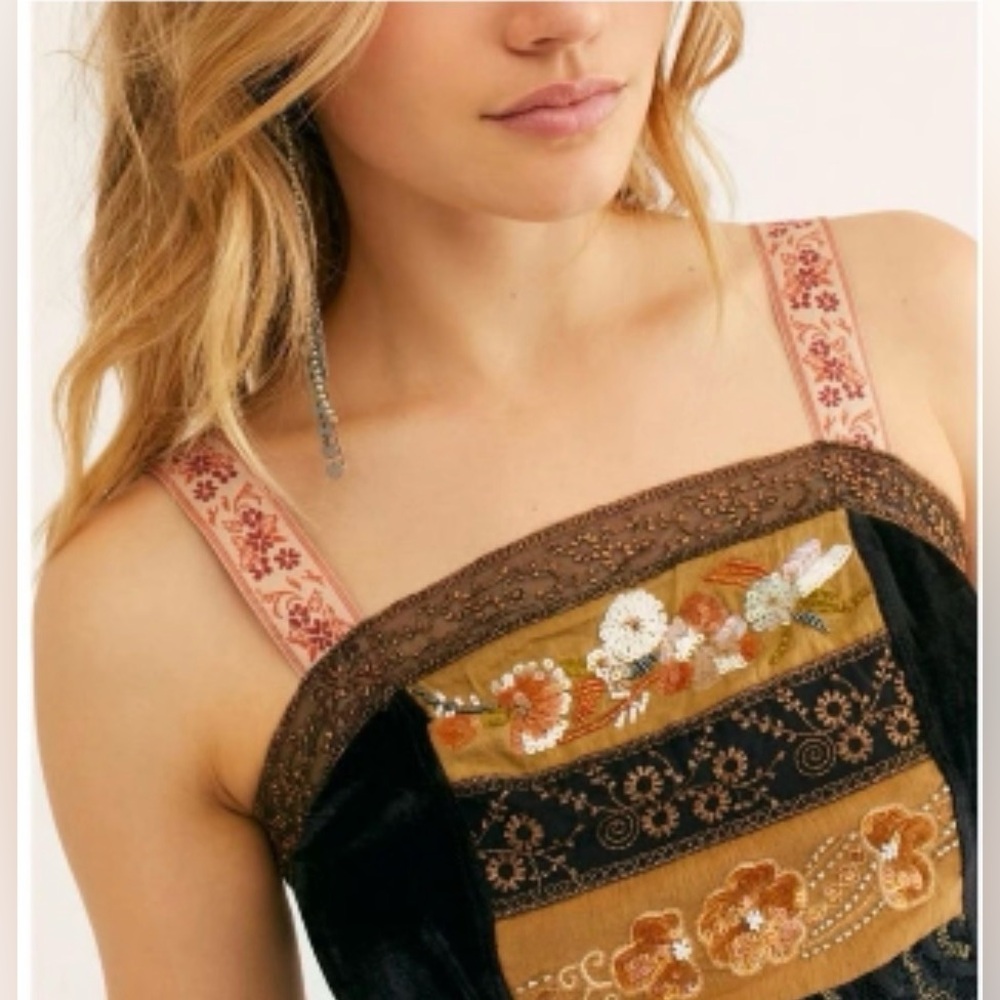 Free People Hold Me Close Embroidered Black Gold Velvet Tank Top Size: Medium - Picture 8 of 10